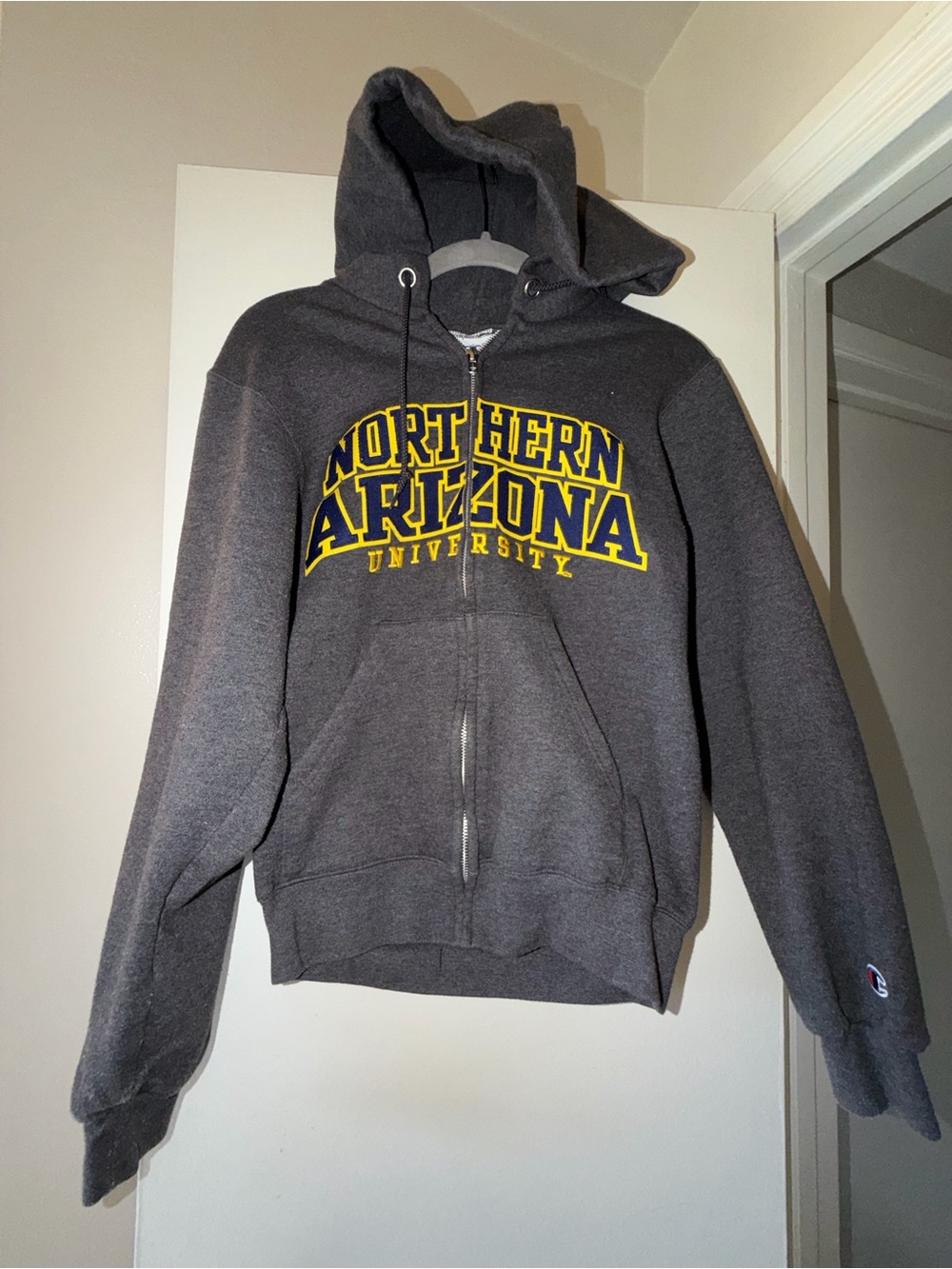 Champion Charcoal Gray Zip-Up Hoodie with Yellow Northern Arizona Lettering - XS